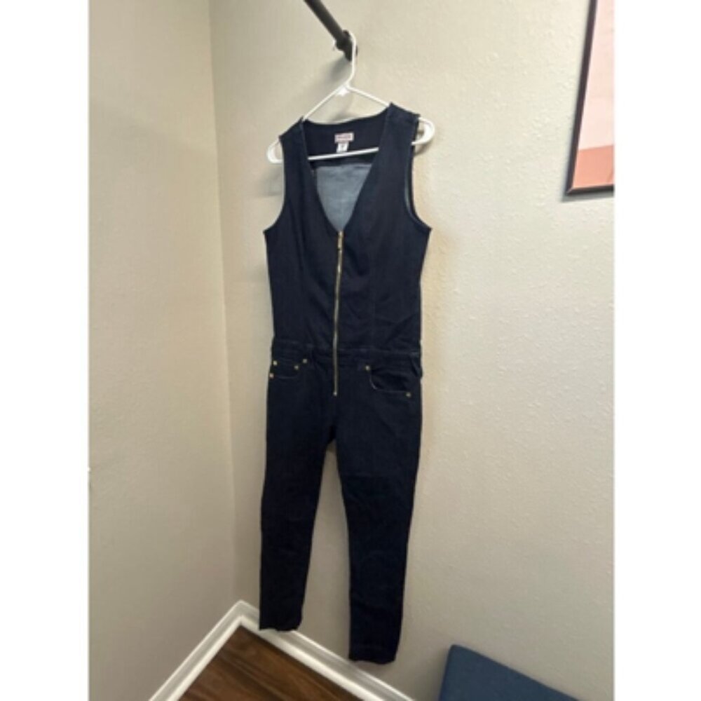 True Religion Jeans Sleeveless Womens Dark Wash Demin Pant Zipper Jumpsuit Sz Lg